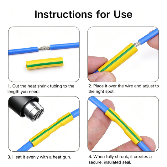 Yellow-Green Heat Shrink Tubing | 2:1 Ground Wire Identification Sleeve | UL VW-1 Flame Retardant PE Insulation for Protective Earth Wiring
